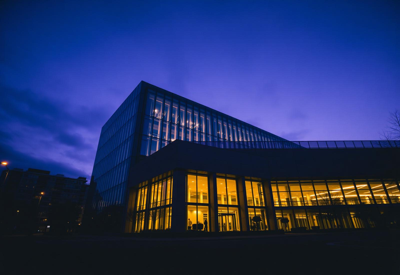 Modern architectural landmark at dusk